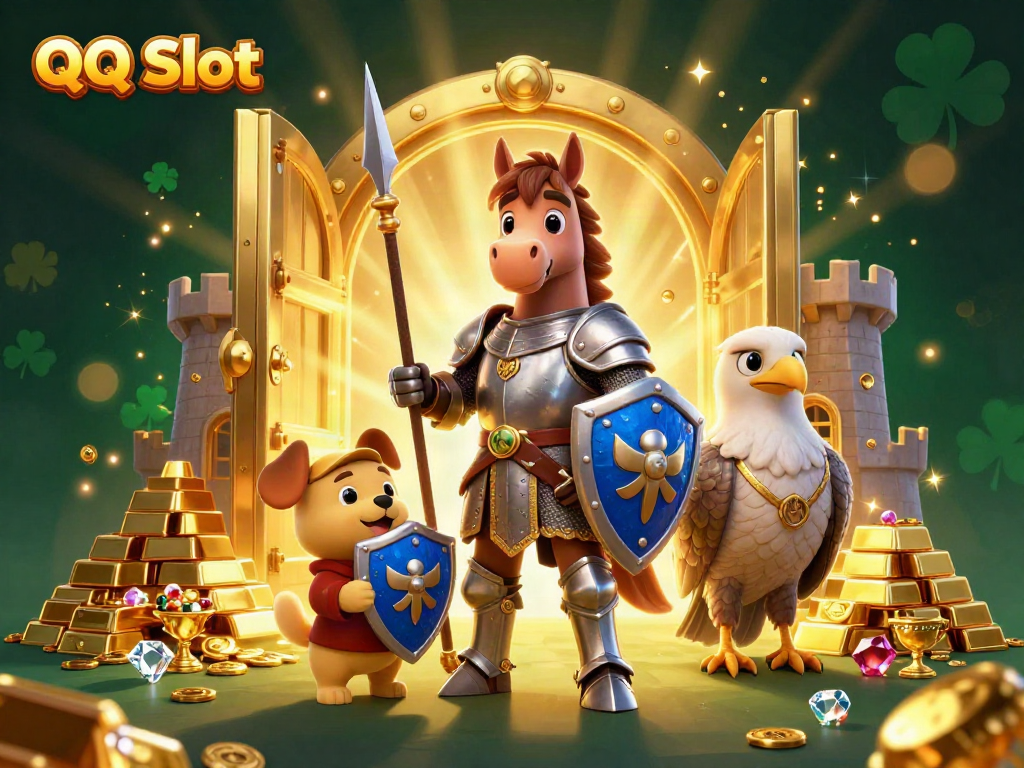 Experience thrilling adventures in QQ Slot with medieval characters amidst treasure and gems.