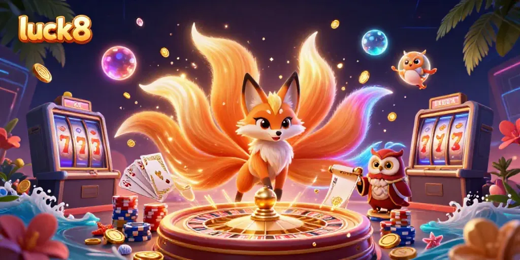 luck8 captures the thrilling essence of casino gaming with vibrant spirits, coins, and playing cards.