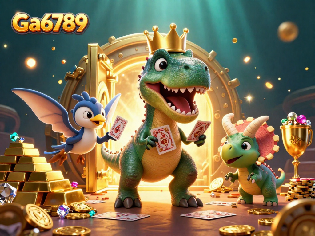 Engage the vibrant Ga6789 casino scene with a T-Rex shuffling cards and gems scattered all around.