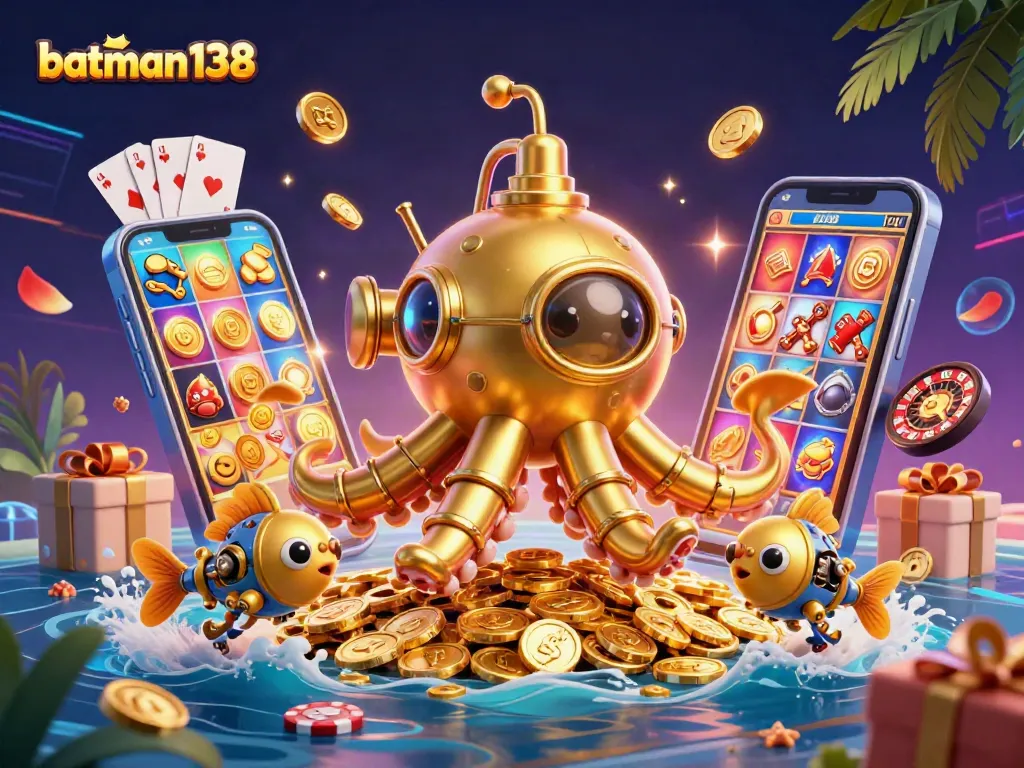 Experience exciting wins with batman138 through spinning slots and treasures in a vibrant casino scene.