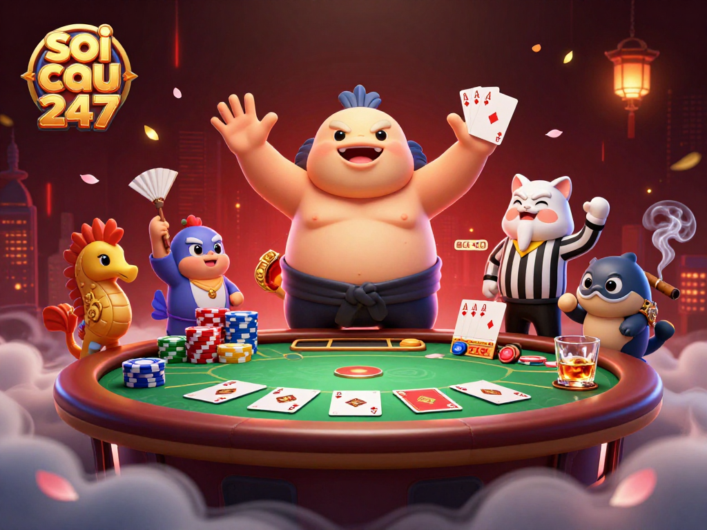 Engage with soi cau 247's vibrant poker scene featuring a sumo blowfish, catfish referee, and seahorse fans.