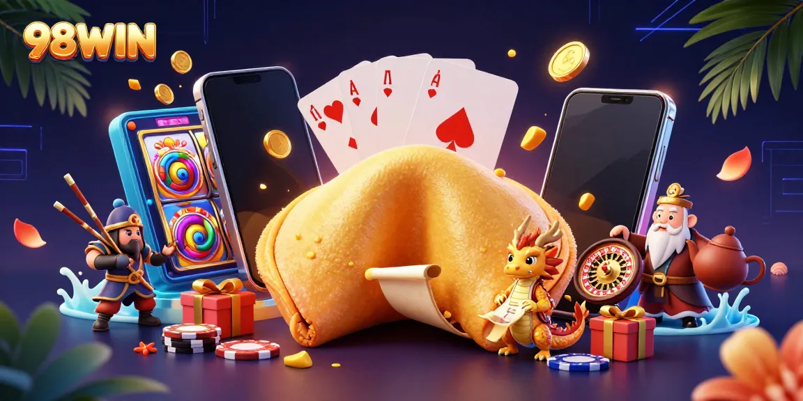 98WIN players explore a vibrant casino realm with fortune cookies, golden coins, and dynamic slot games.