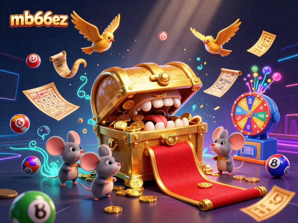 Experience the excitement of mb66ez lottery gaming with this vibrant 3D illustration showcasing colorful prizes and lively characters.