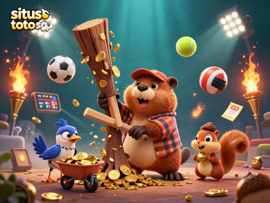 Collect winnings with situs toto sgp showcasing a beaver, bird, and squirrel in a lively casino scene.