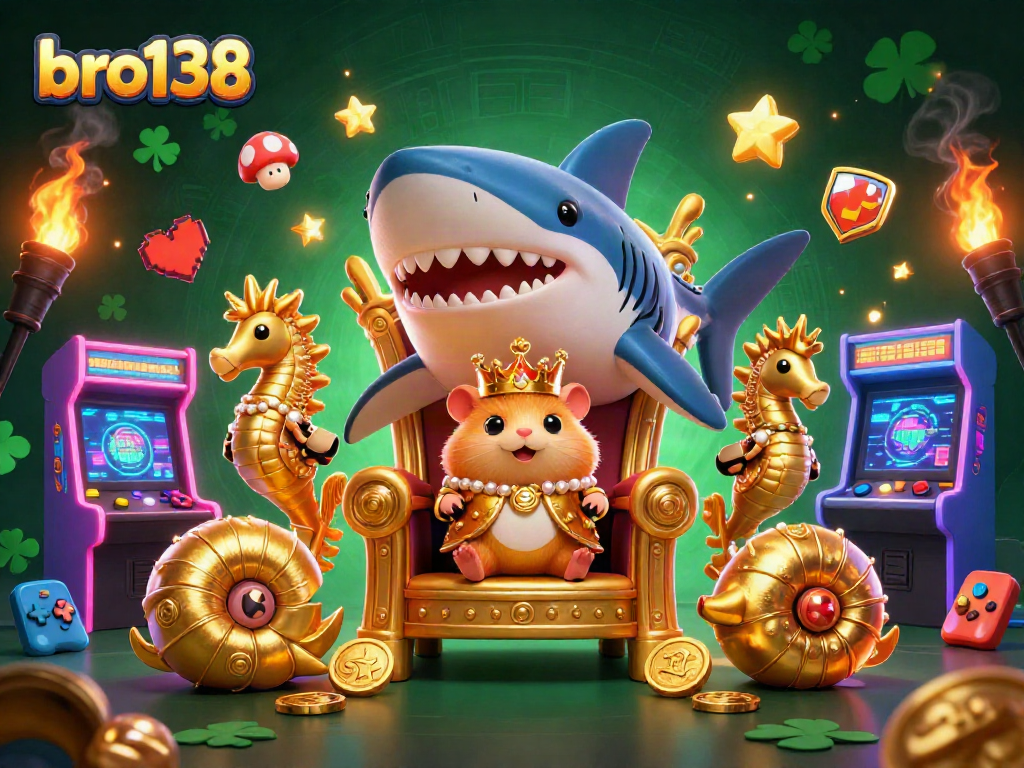 Bro138 features a fierce golden hamster king with gaming elements in a vibrant casino scene.