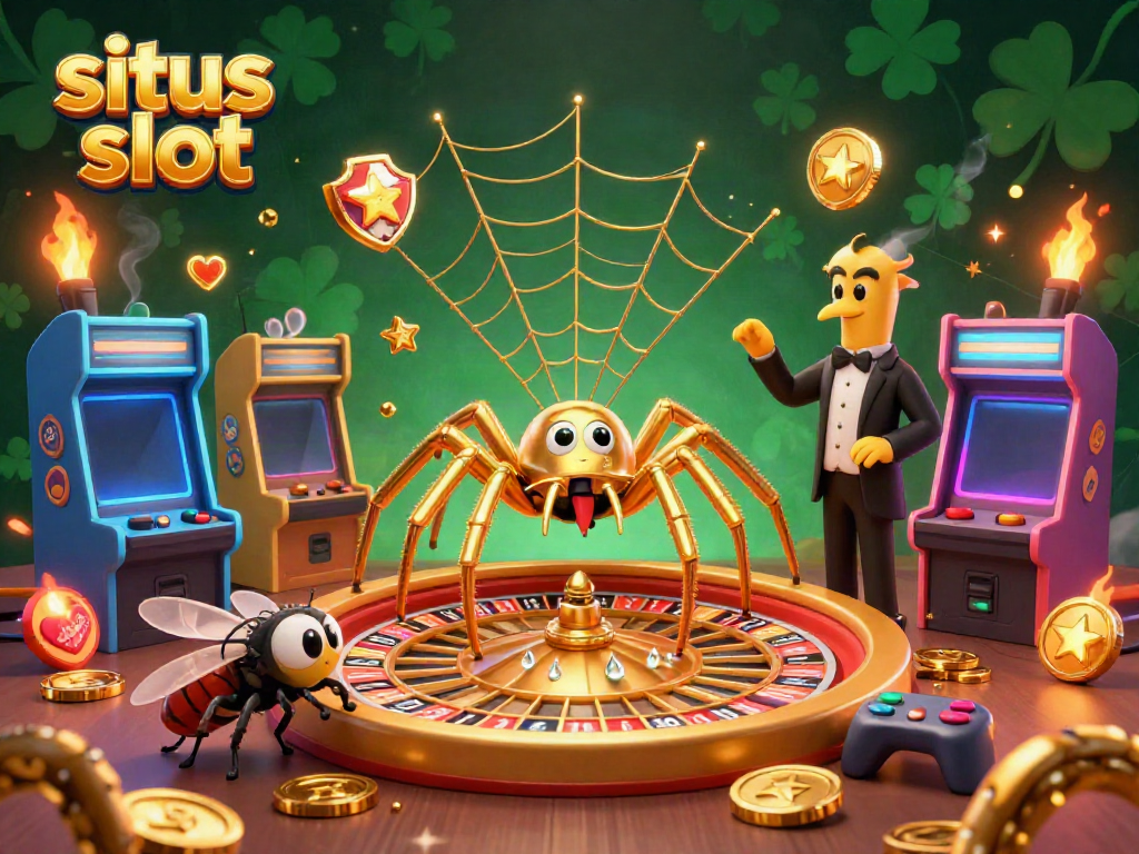 Simulasi situs slot dengan laba-laba emas dan croupier serangga, menunjukkan peluang menang yang menarik.