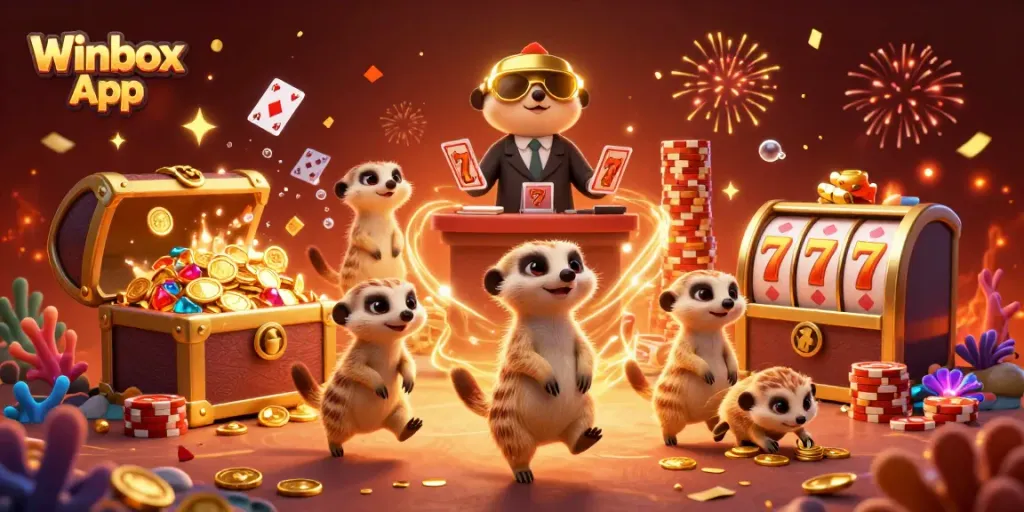 Winbox App provides players an immersive casino experience with vibrant meerkats in a dynamic gaming scene.