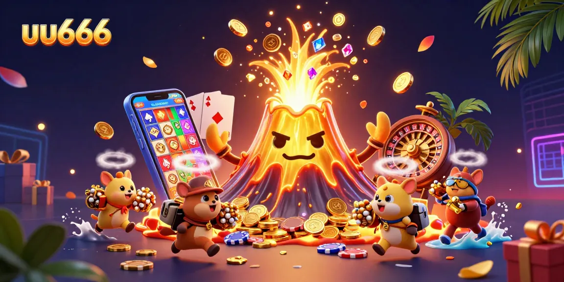 Engage with the uu666 slot gaming adventure, featuring a victorious volcano showering treasures amidst vibrant casino elements.