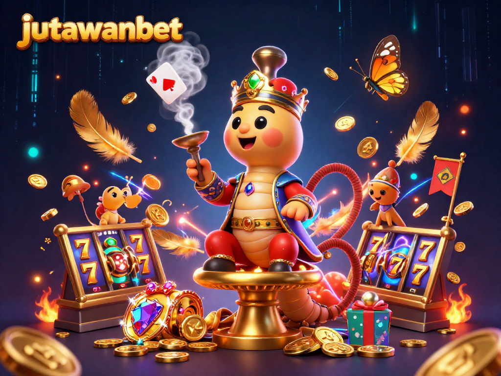 Engage with jutawanbet through an interactive 3D illustration showcasing dynamic slot game elements.