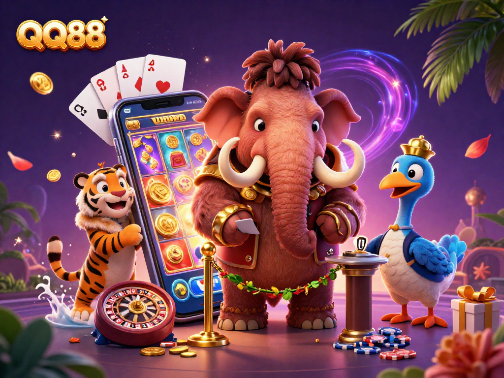Experience the vibrant excitement of QQ88 with a cartoon casino scene featuring a woolly mammoth bouncer and slot games.