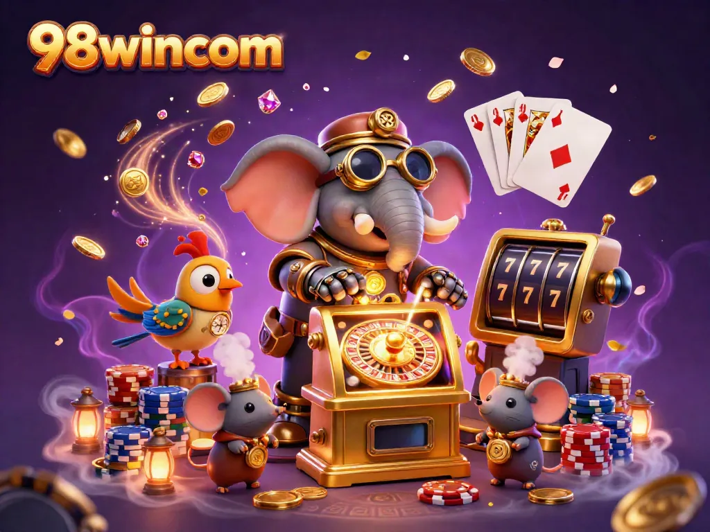 Experience thrilling gaming action with 98wincom's vibrant 3D casino scene filled with coins and slot machines.