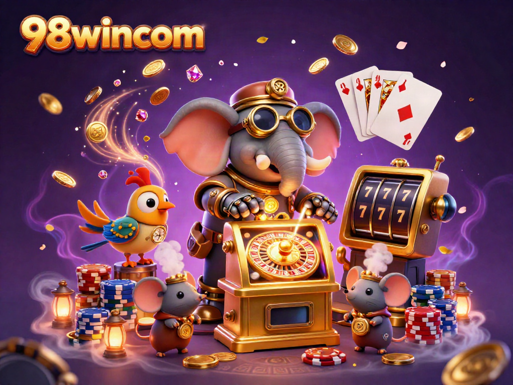 Experience thrilling gaming action with 98wincom's vibrant 3D casino scene filled with coins and slot machines.
