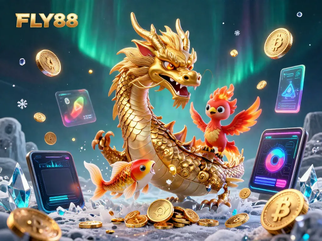 Engage with FLY88 as the golden dragon soars amidst tokens, creating a dynamic gambling experience.
