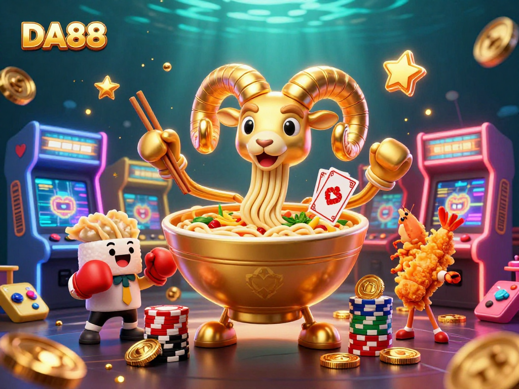 Join the excitement at DA88 with a vibrant 3D scene showcasing playful characters and dynamic casino elements.