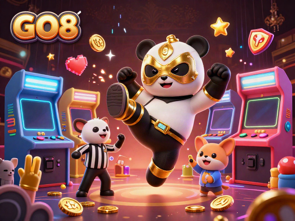 GO8 casino action with a wrestler panda kicking, referee counting amidst vibrant gaming elements.