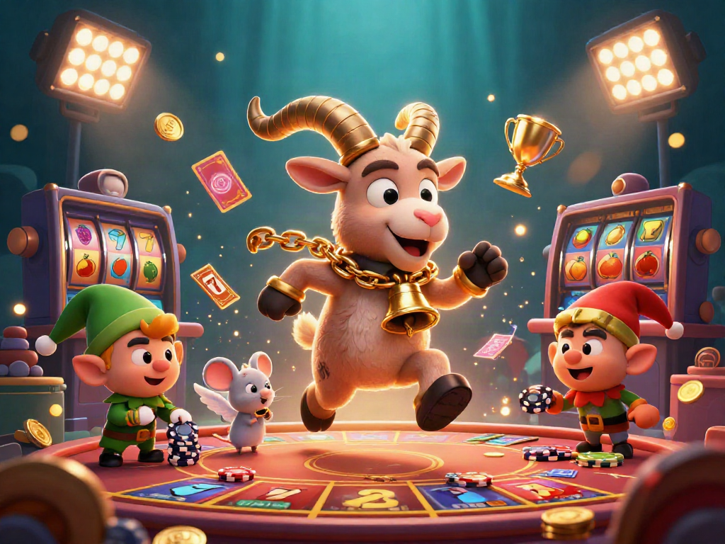 Experience thrilling gaming vibes with LGOGOAL in this vibrant festive casino scene featuring Krampus and friends.