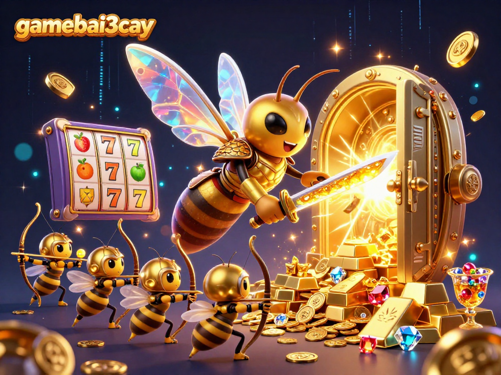 Engage with gamebai3cay's vibrant casino atmosphere featuring a hornet samurai amidst sparkling riches.