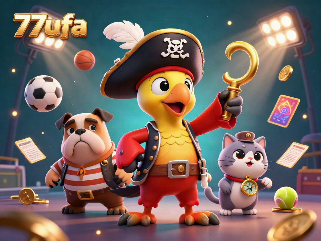 Engage with 77ufa's vibrant 3D casino scene featuring dynamic sports betting elements like balls and trophies.