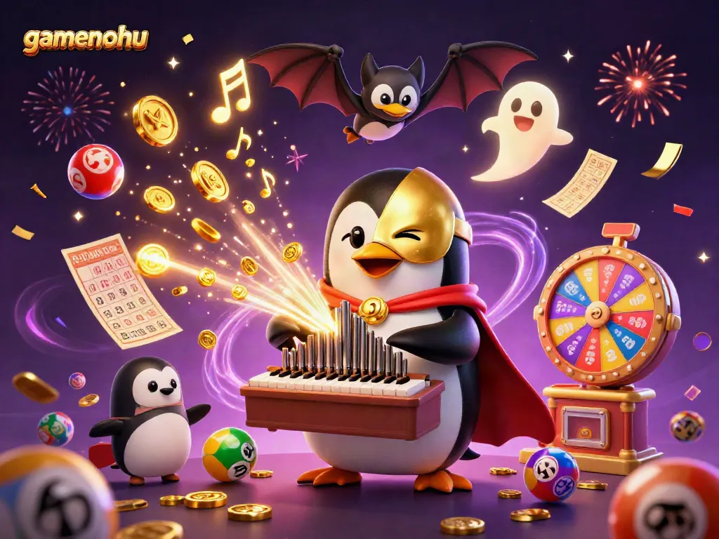 Experience thrilling gamenohu casino action with a vibrant 3D illustration featuring a penguin organist.
