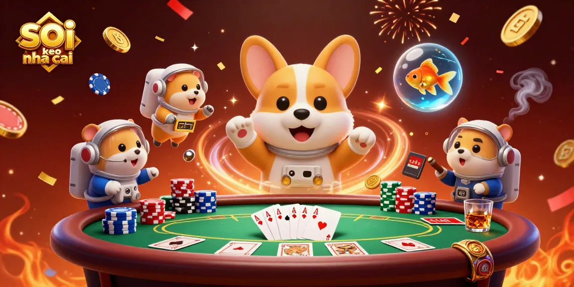Engage with soi keo nha cai in a vibrant space casino scene featuring a corgi astronaut and dynamic poker action.