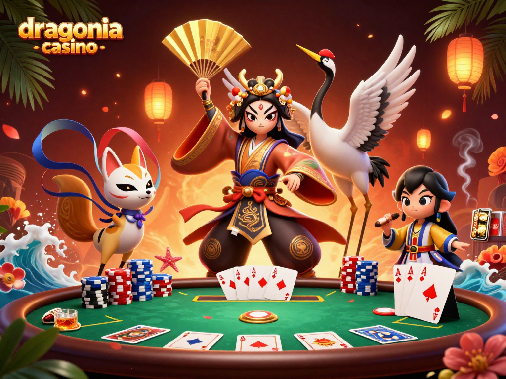 Découvrez Dragonia Casino avec des personnages animés profitant d'une table de poker dynamique.