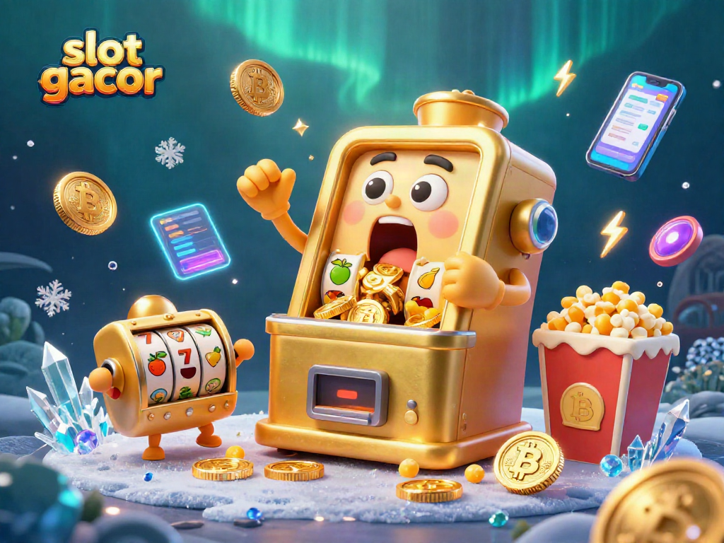 Hit the jackpot with slot gacor as golden coins fly with excitement in a vibrant 3D casino scene.