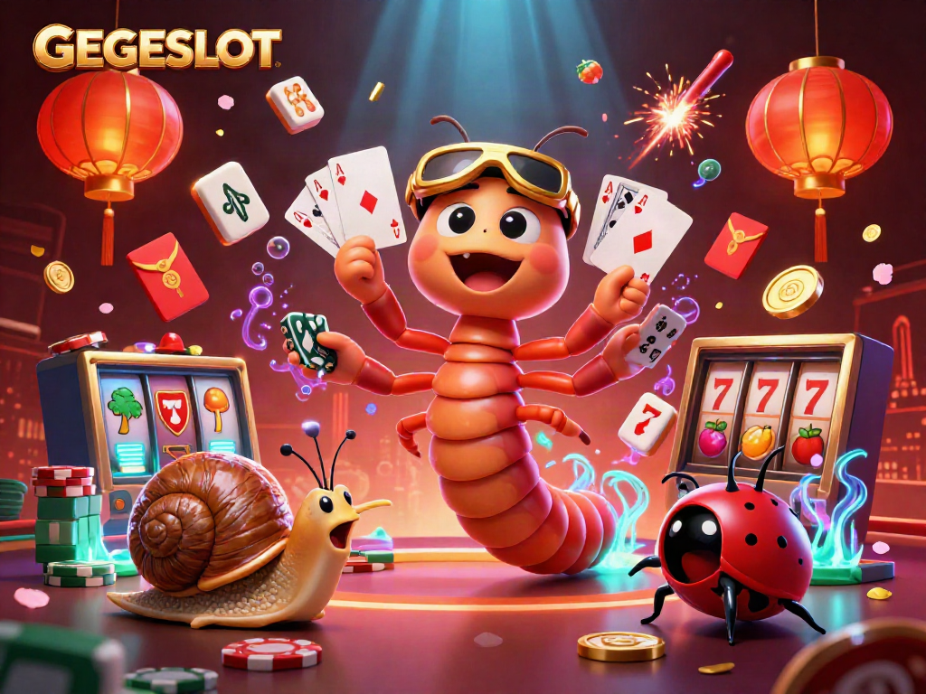 Experience GEGESLOT in a vibrant casino scene with animated characters and dynamic gaming elements.