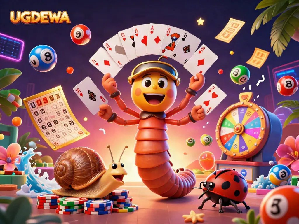 UGDEWA showcases a lively casino scene featuring a multihanded millipede dealer and high-roller snail amidst colorful game elements and vibrant energy.