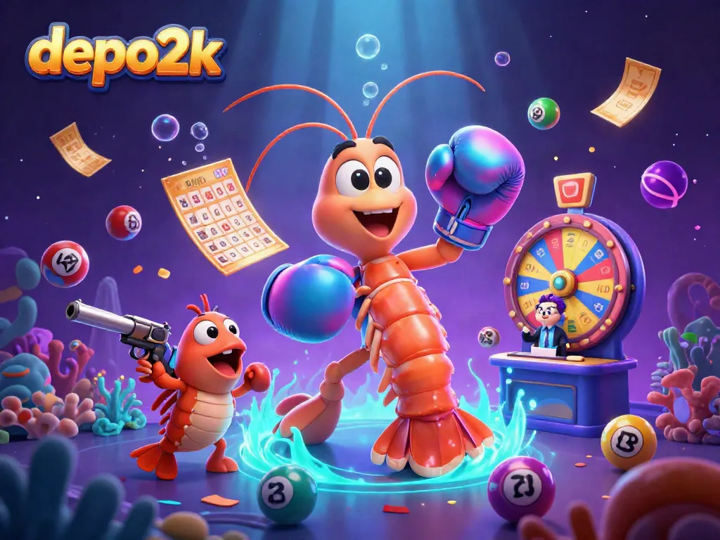 Play exciting games at depo2k with vibrant lottery balls and casino elements featured in a dynamic underwater scene.