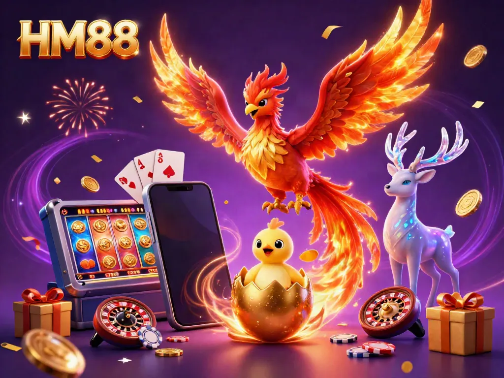 Engage with dynamic gameplay at HM88 featuring a phoenix soaring among casino elements like slot games and poker cards.