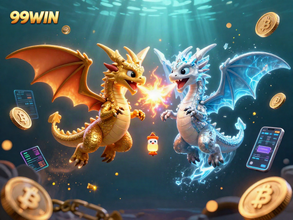 Engage with 99WIN's thrilling crypto casino game scene featuring dynamic dragon action and sparkling coins.