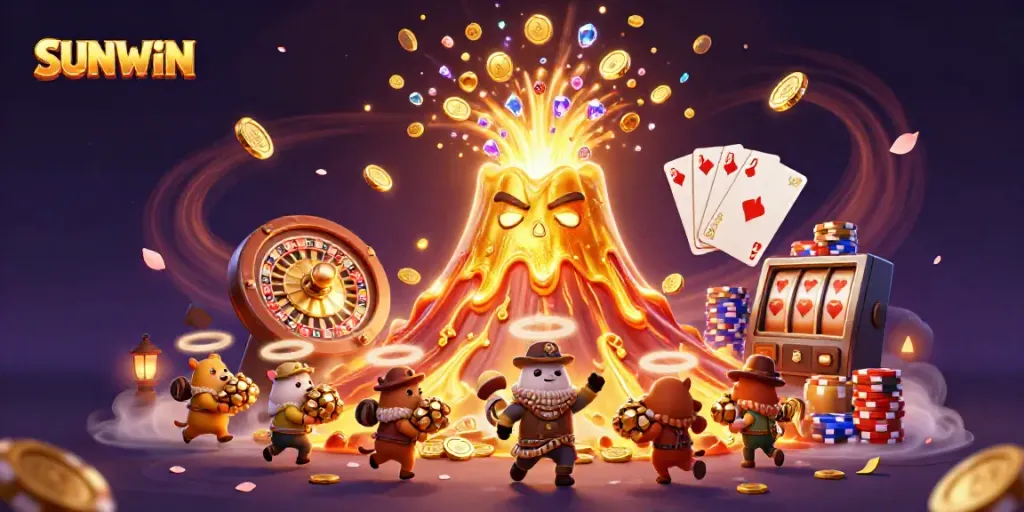 SUNWIN volcano erupting coins and treasures symbolizes thrilling online gambling.