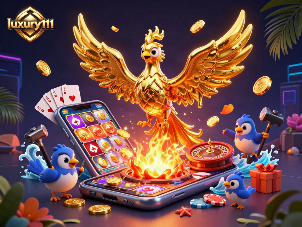 Play vibrant slot games with luxury111 as golden coins erupt in this dynamic casino scene.