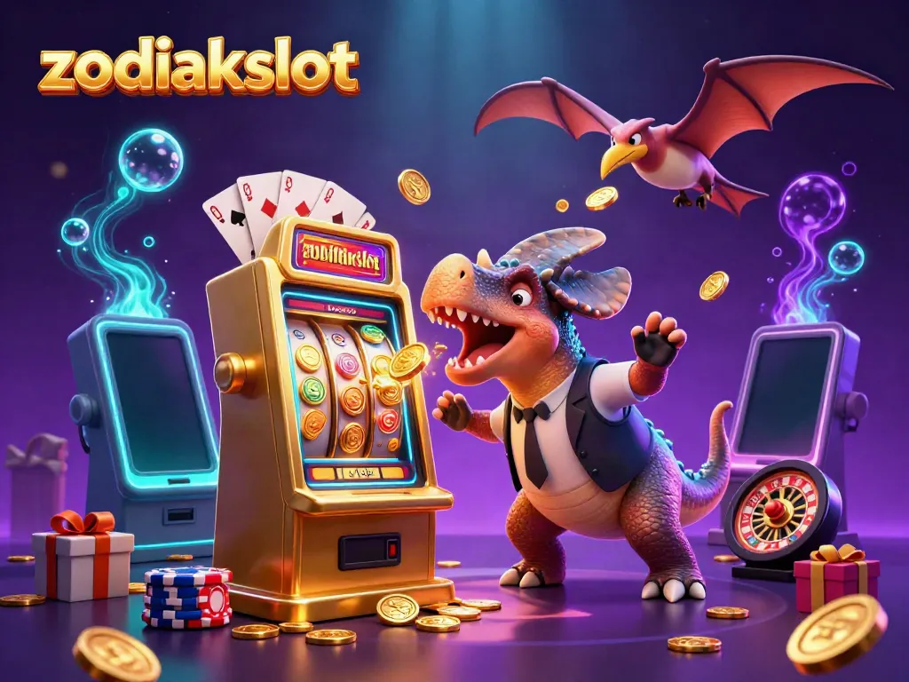 Menghadapi jackpot di Zodiakslot, dengan dinosaurus lucu merayakan kemenangan dengan koin emas bertebaran.