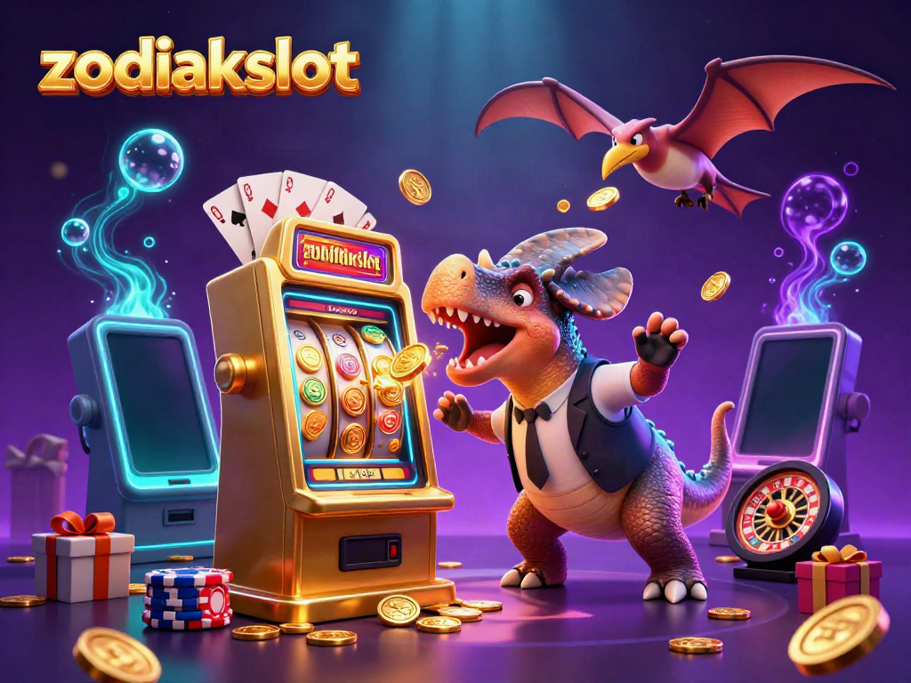 Menghadapi jackpot di Zodiakslot, dengan dinosaurus lucu merayakan kemenangan dengan koin emas bertebaran.