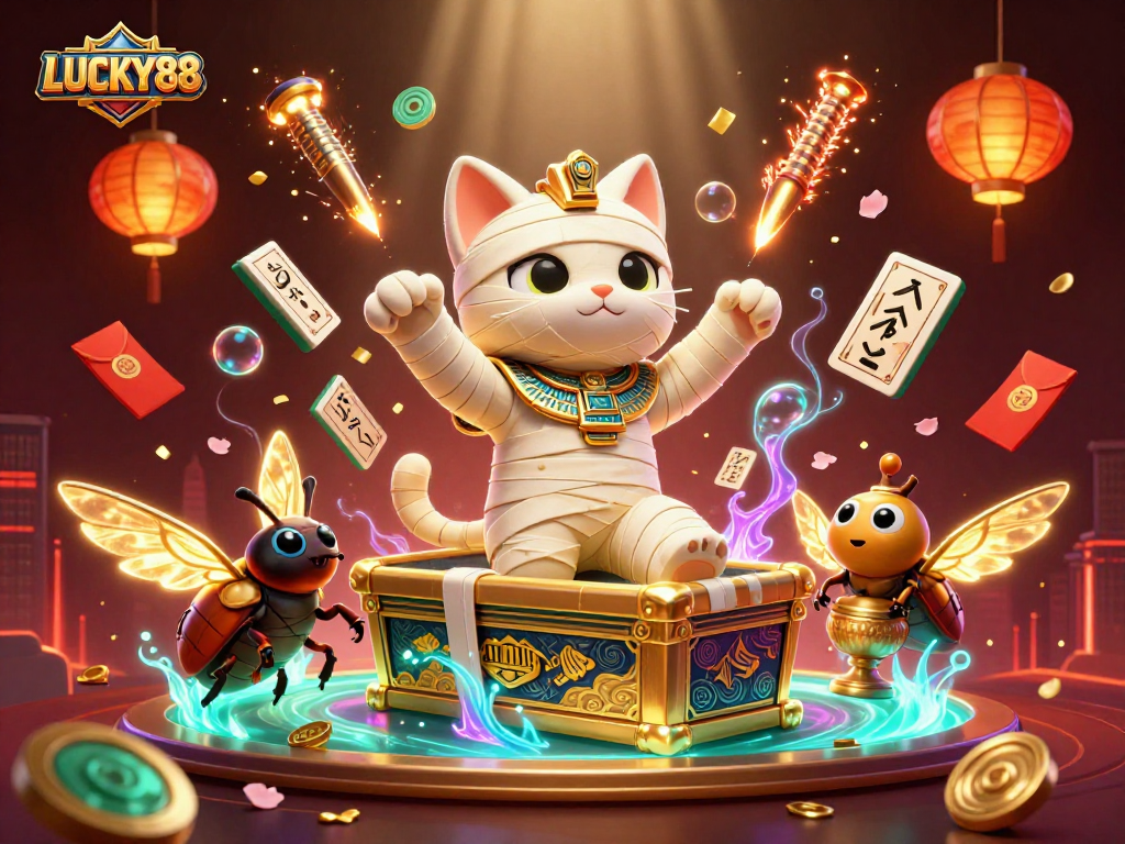 LUCKY88 features an Egyptian mummy cat and scarab beetle amidst vibrant casino gaming elements.