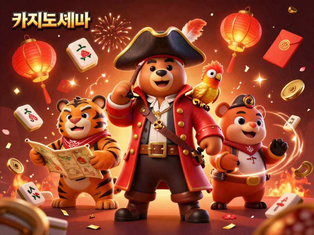 카지노사이트에서 슬롯 게임을 즐기는 귀여운 곰과 호랑이의 3D 일러스트