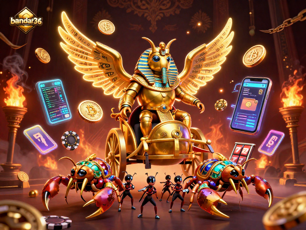Pemain bandar36 menikmati suasana kasino yang meriah dengan simbol slot emas dan uang kripto yang bersinar.