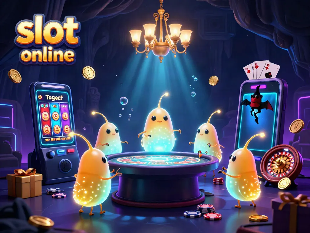 Menang dan bermain slot togel online dalam suasana kasino berwarna cerah dan penuh energi.