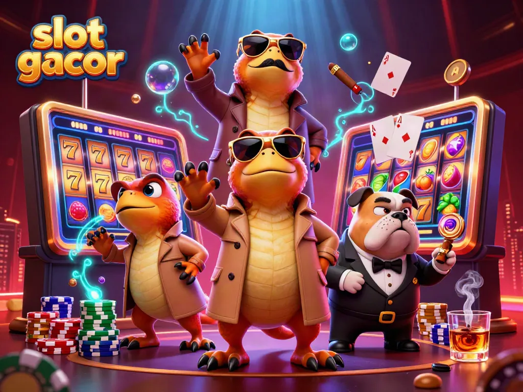 Three cartoon raptors in a trench coat and a bulldog bouncer at a VIP lounge, showcasing slot gacor excitement.