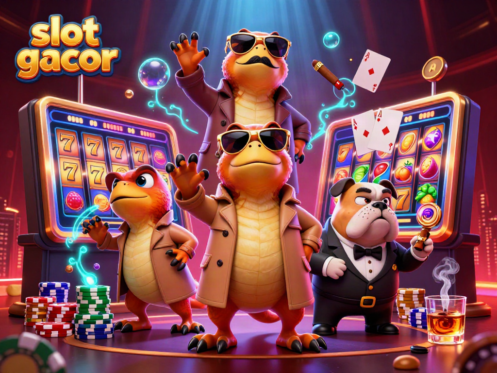 Three cartoon raptors in a trench coat and a bulldog bouncer at a VIP lounge, showcasing slot gacor excitement.
