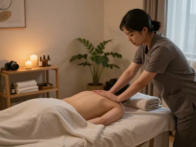 Tranquil wellness studio set for 성남출장마사지 therapy featuring soft linens and calming decor.