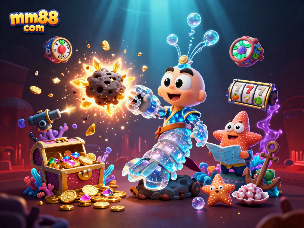 Win big with mm88 com in this dynamic underwater casino scene featuring vibrant gaming elements.