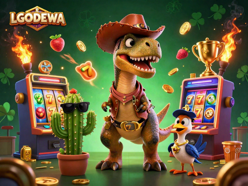 Experience the excitement of LGODEWA in this vibrant, 3D casino scene with a T-Rex and friends embodying classic gaming.