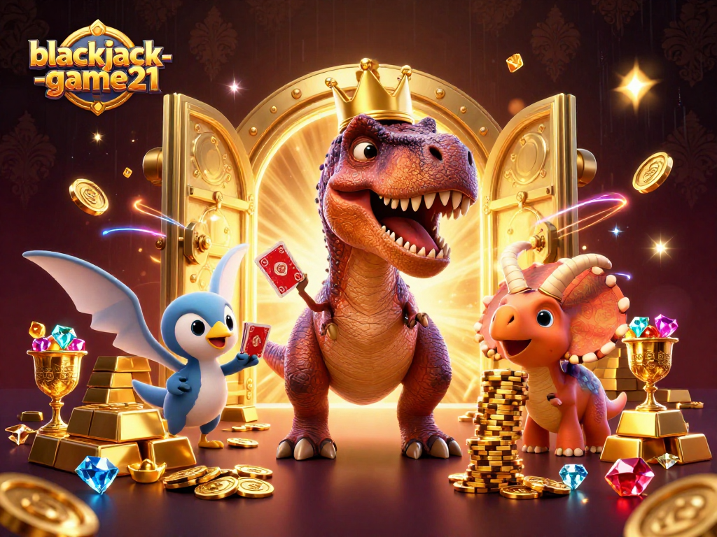 Experience the excitement of blackjack-game21 with a T-Rex and friends in a vibrant casino scene.