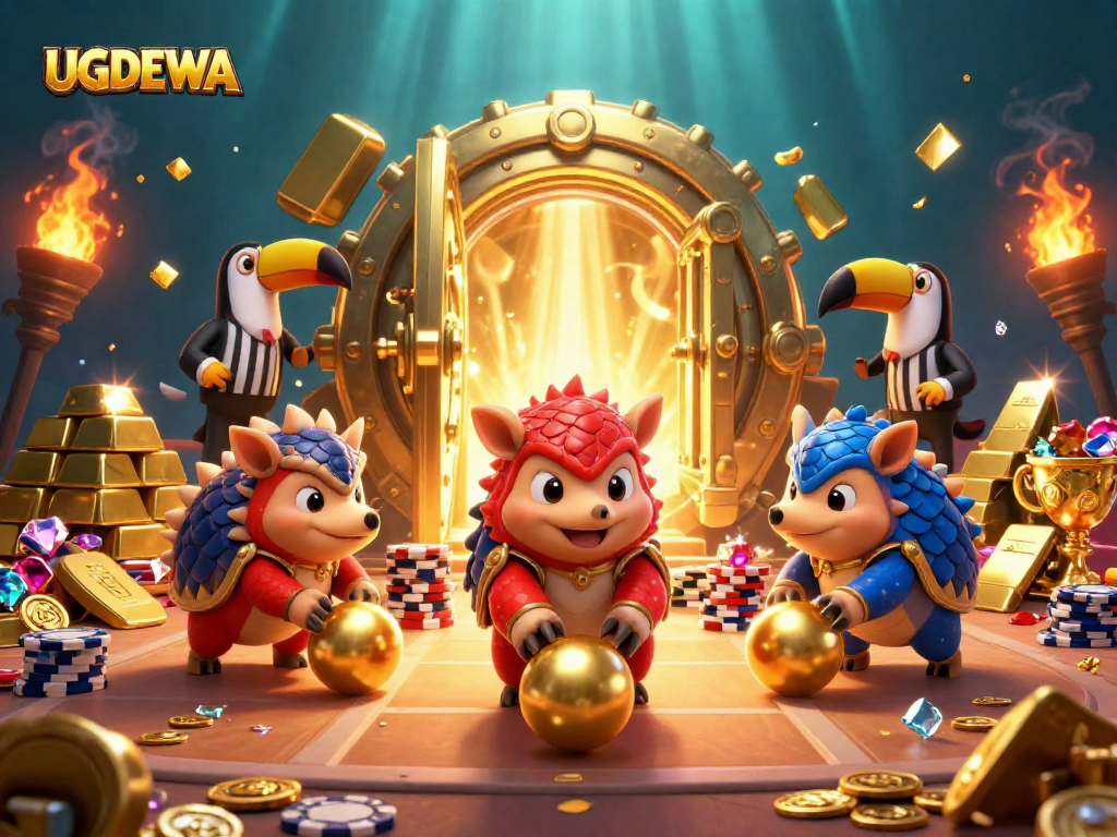 UGDEWA pangolins competing in a casino-themed game, surrounded by poker chips and treasures.