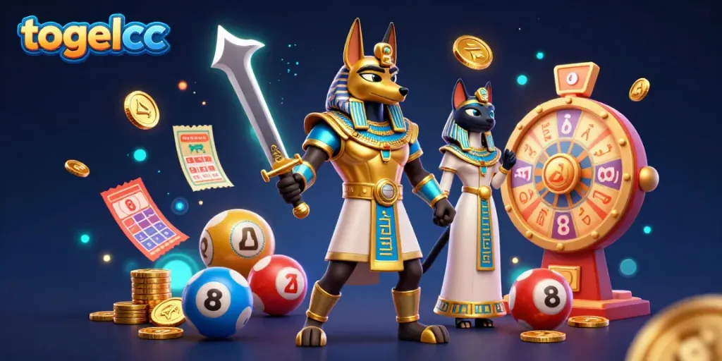Engage with togelcc's vibrant lottery experience featuring Anubis and Bastet amidst colorful gaming elements.