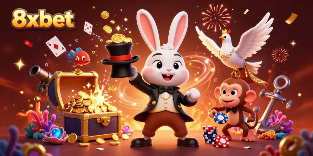 Experience thrilling gaming action with 8xbet featuring a magician rabbit, shimmering coins, and a vibrant casino atmosphere.