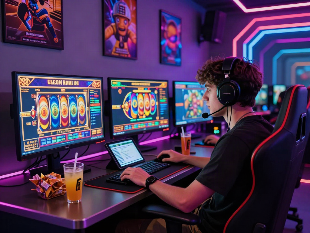 Player enjoying slot gacor hari ini in a vibrant gaming setup with colorful lights and multiple screens.