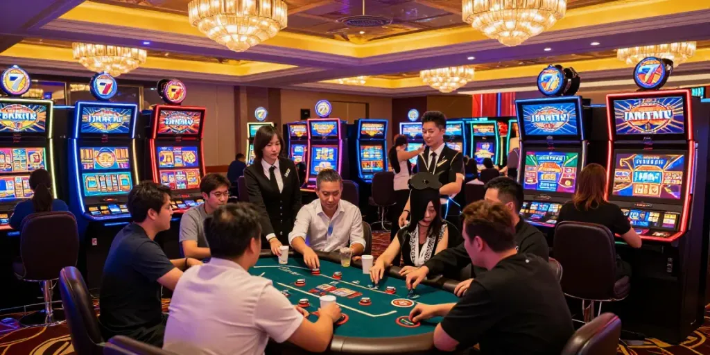 Exciting Lucky777 casino gaming scene with players at slot machines.